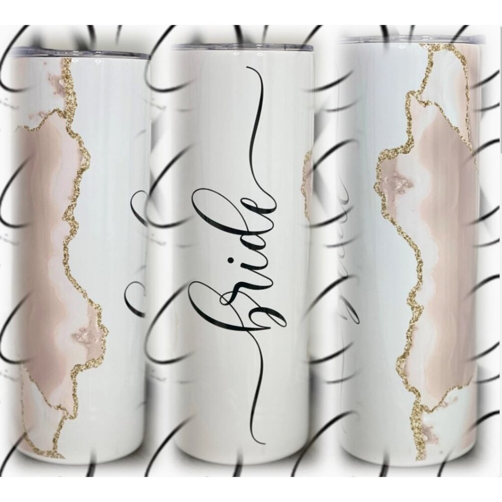 Bride Insulated Tumbler With Straw - 20.3cm x 7.6cm - White Gold & Pink Marbled